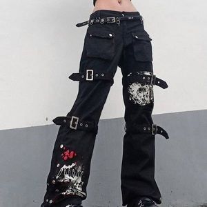 Y2K, gothic pants, size Large. Black with white and red designs.